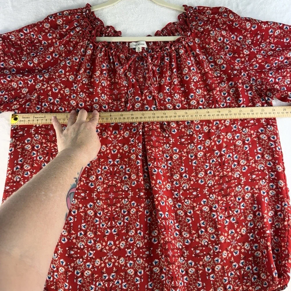 Max Studio Plus 1X Top Red Floral Peasant Blouse Boho Cottagecore Flowy Women's - Picture 8 of 11
